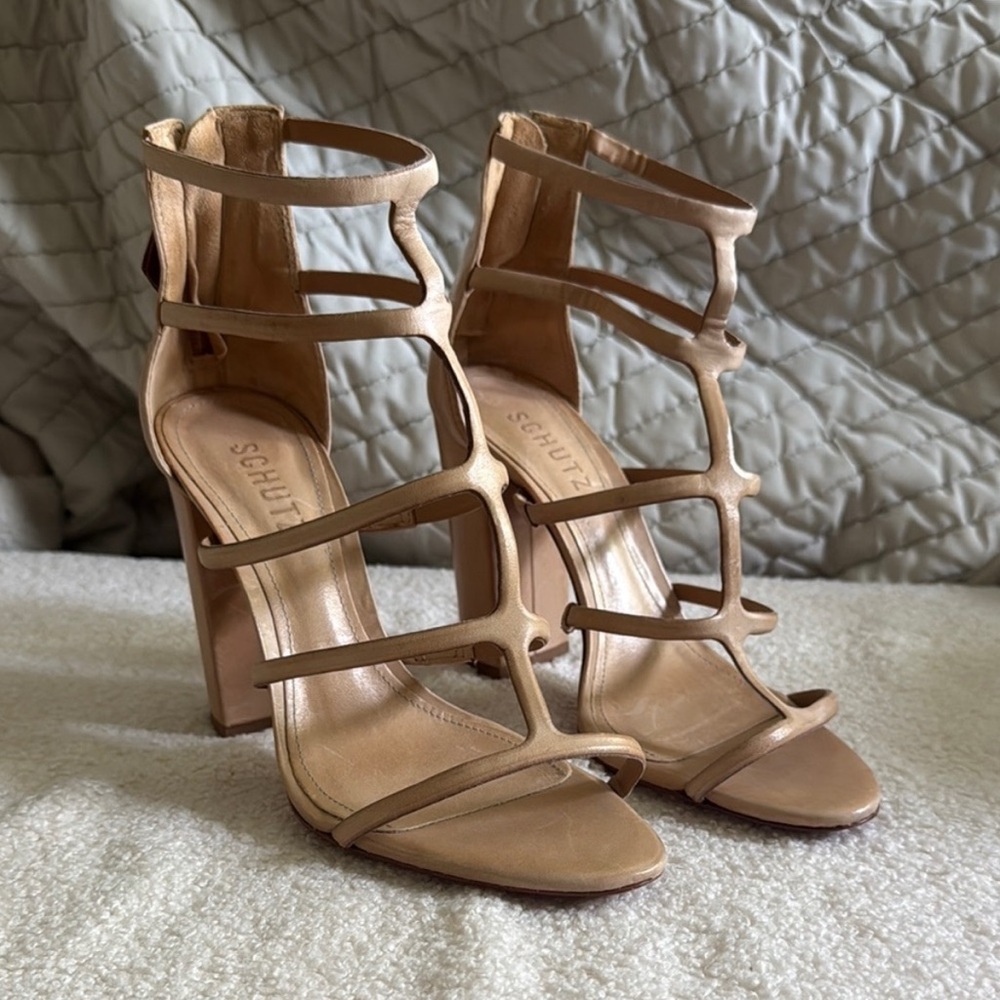 Schutz Tan Strappy Heeled Sandals